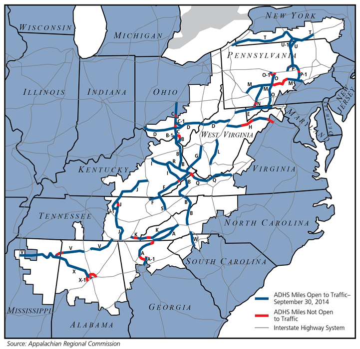 Map of the Appalachian Development Highway System, showing new roads built since the founding of the ARC.